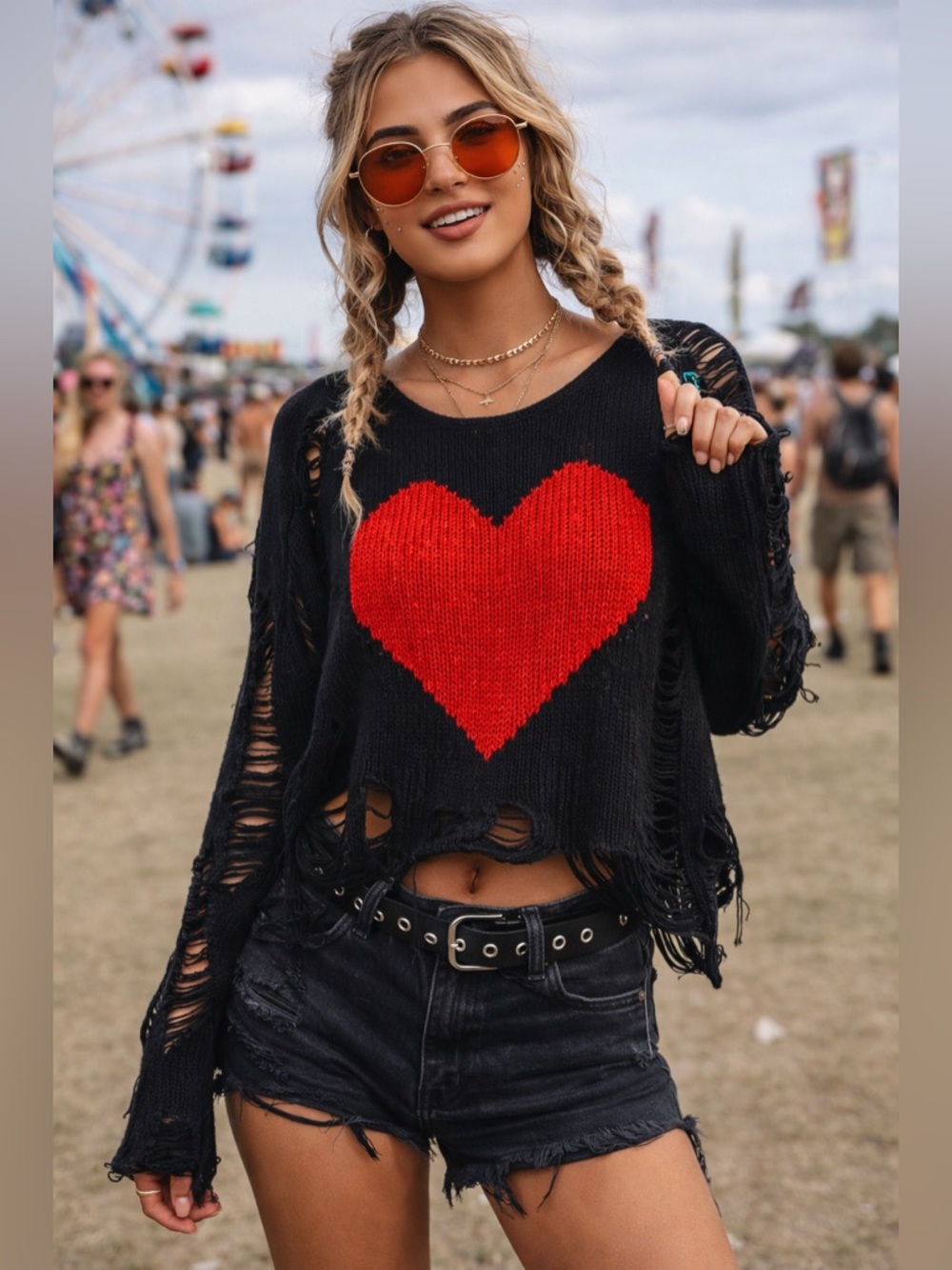 Panda Distressed Heart Sweater Black Red Cropped Knit Grunge Y2K Festival XL